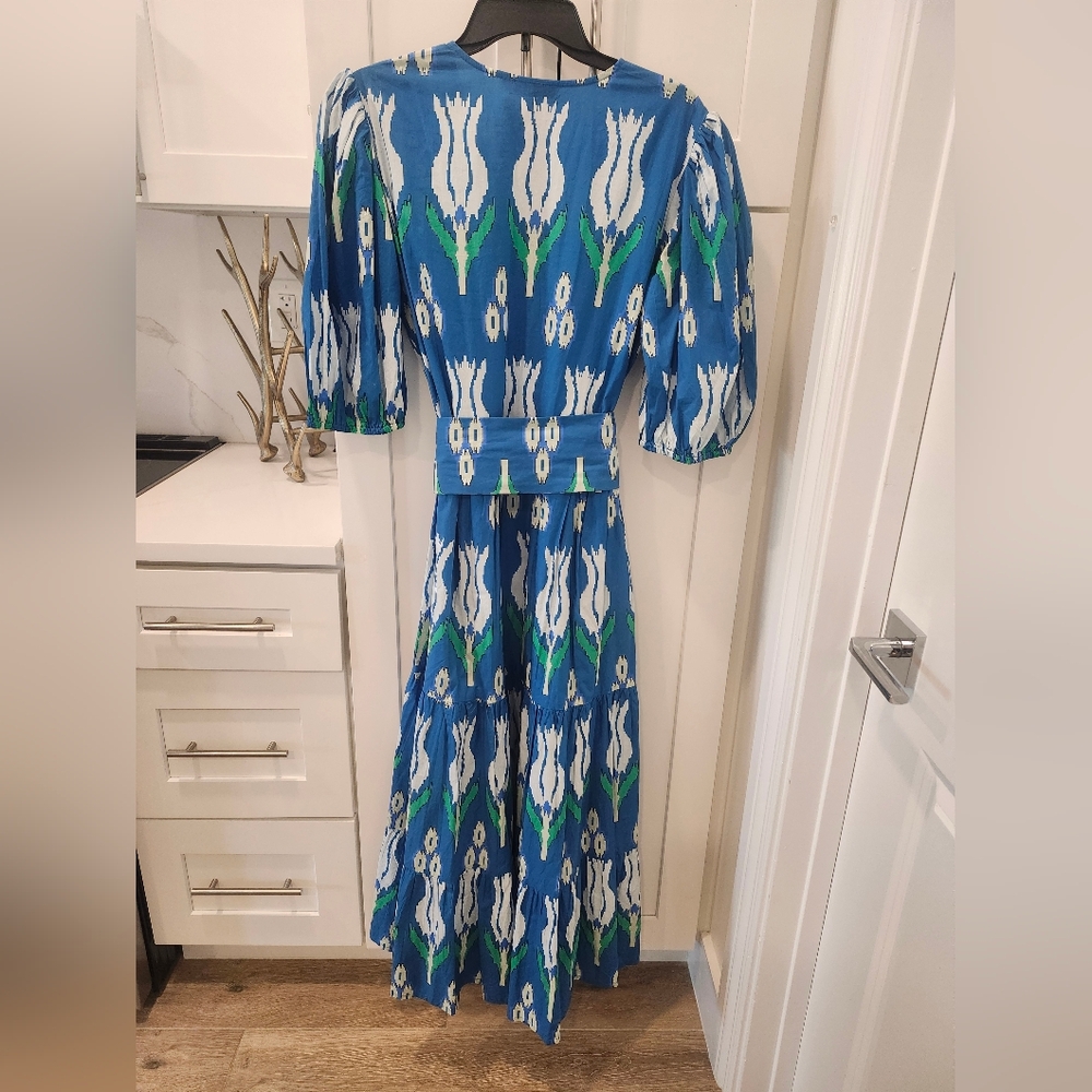 Oliphant Printed Tulip Pocketed Puff Sleeve Maxi Dress With Matching Belt Sz L - Picture 6 of 16